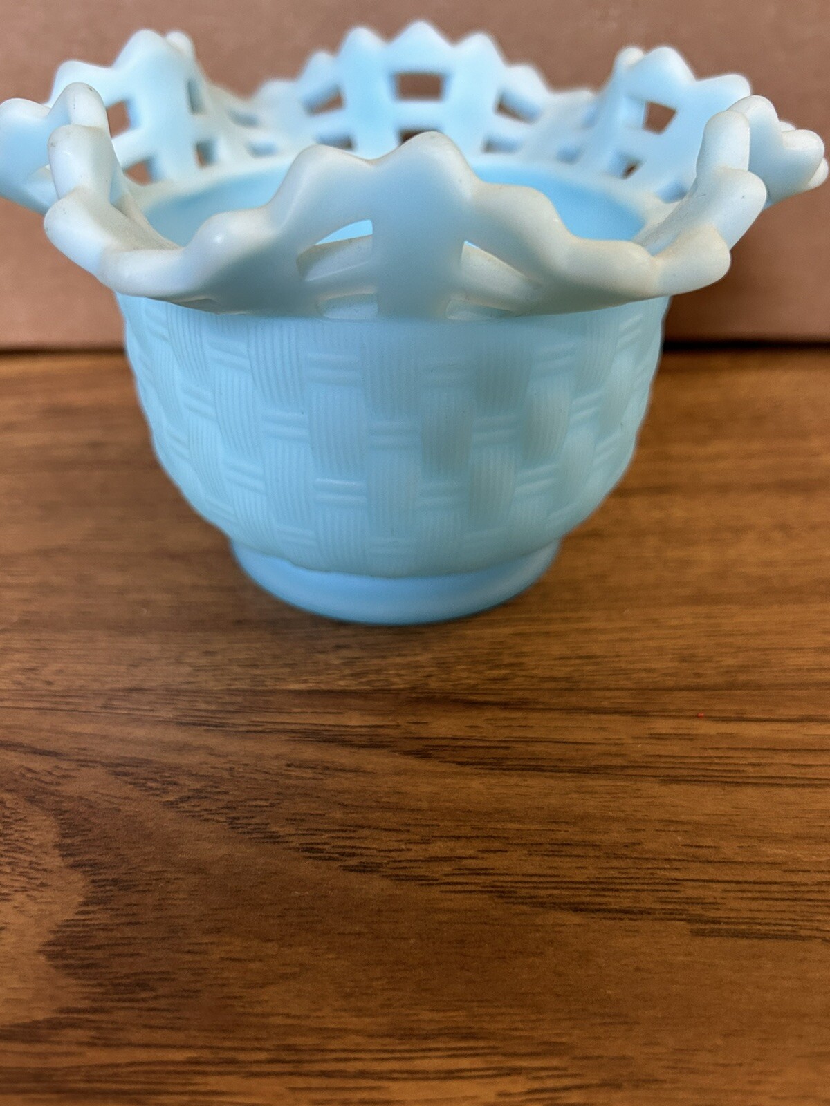 Vtg Match Pair Fenton Blue Satin Glass Basket Weave Ruffled Rose 3” Bowl Vase DP