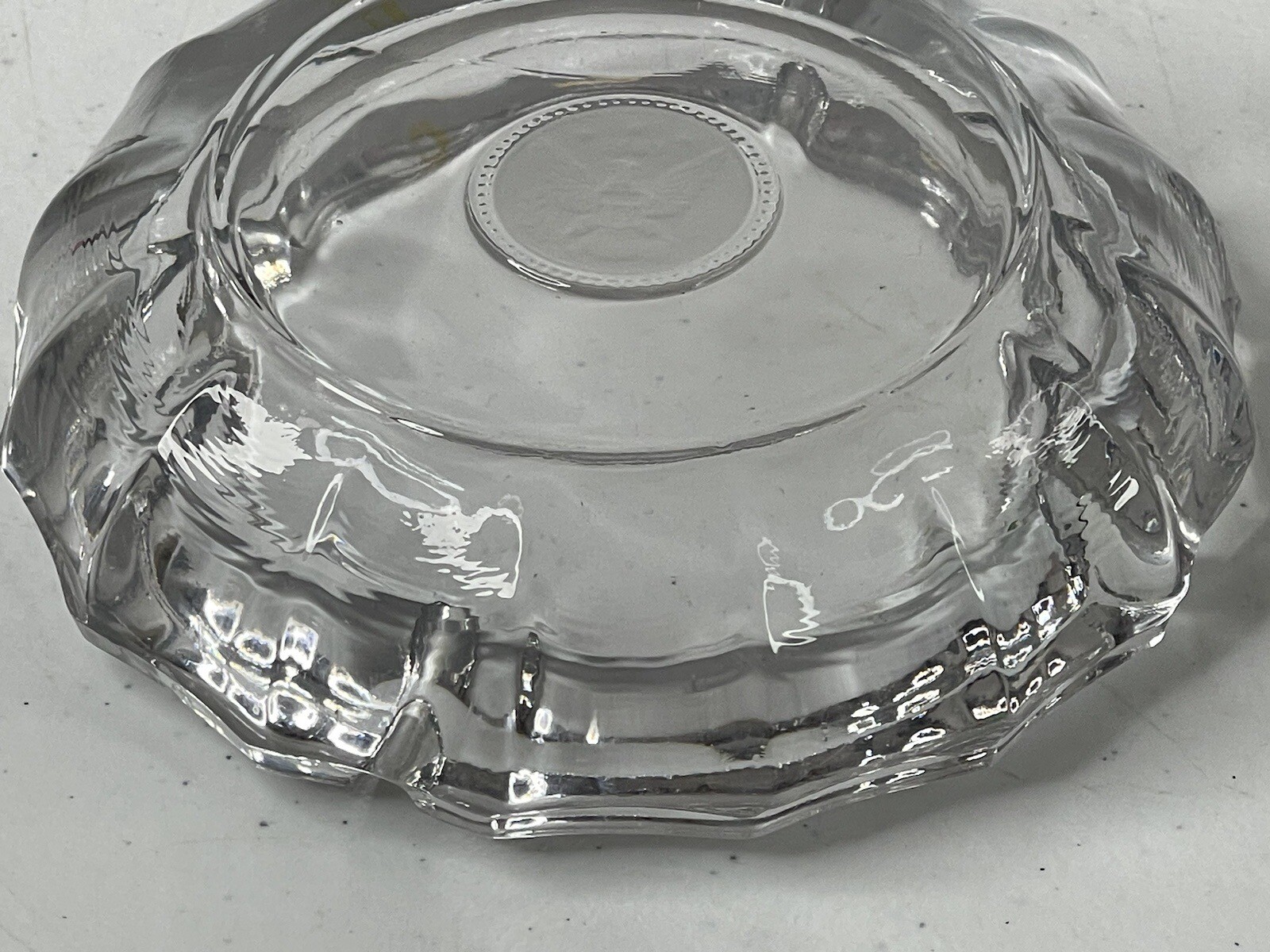 Vintage Fostoria Glass Ashtray 1887 Eagle Coin Center Heavy Clear Cigarette 5.5″