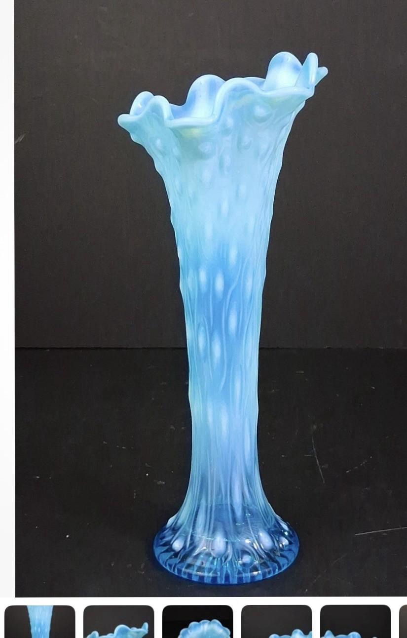 Vintage Northwood Swung Glass Vase Blue Opalescent Aqua Tree Trunk Antique 1900s