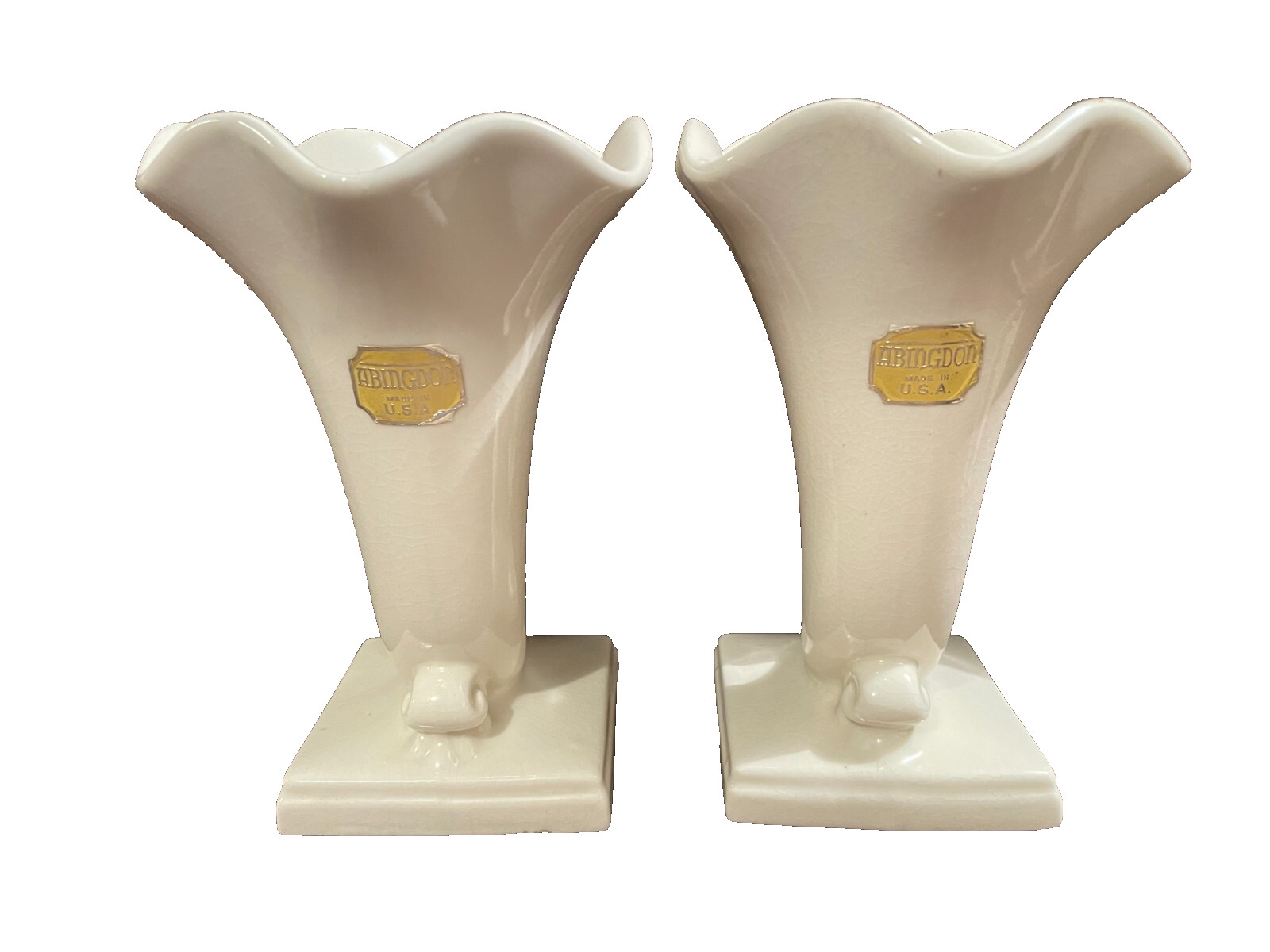 Vintage Abingdon Pair White Cornucopia 7” Vases USA New Old Stock Mint Condition