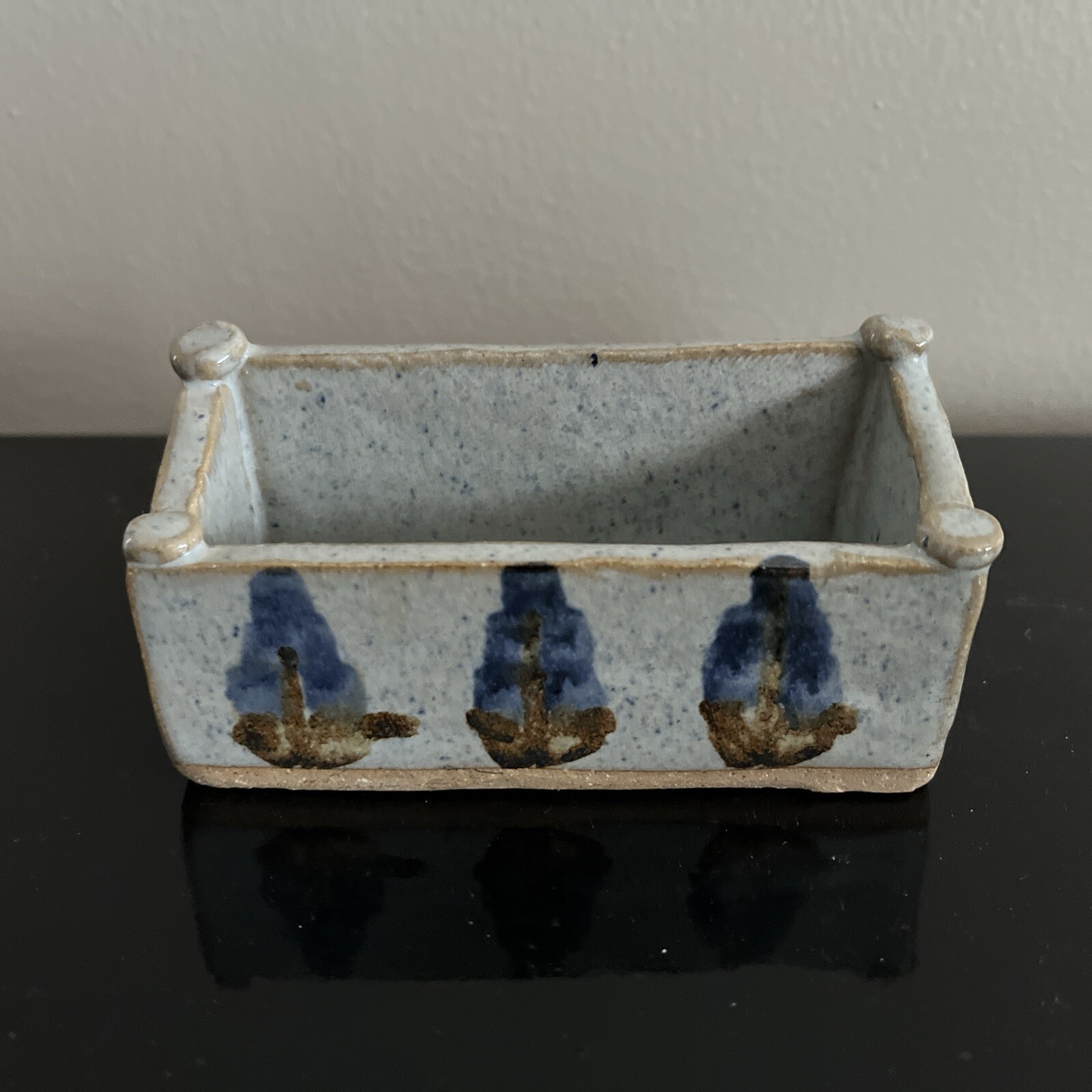 Studio Pottery Artist Signed PASHID Box Holder Hand Painted Blue Set Of 2
