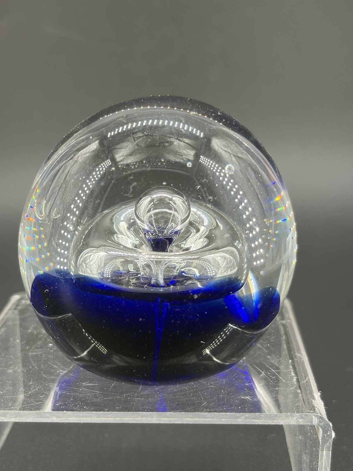Clear & Cobalt Blue Art Glass Sphere Paperweight in Clear/Blue Glass