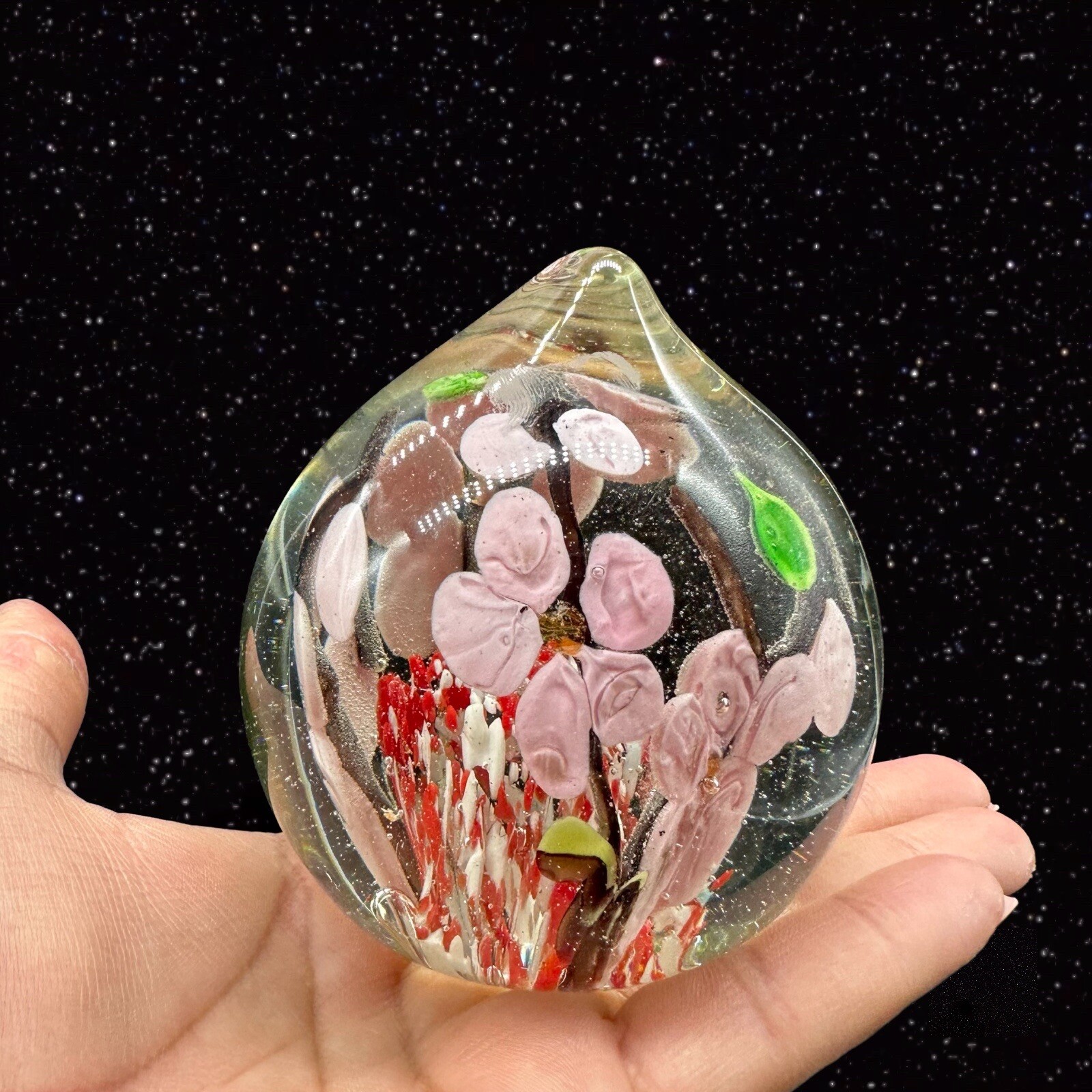 Czech Art Glass Peach Shaped Paperweight Cherry Blossom Tree Glass Orb Round 3”W