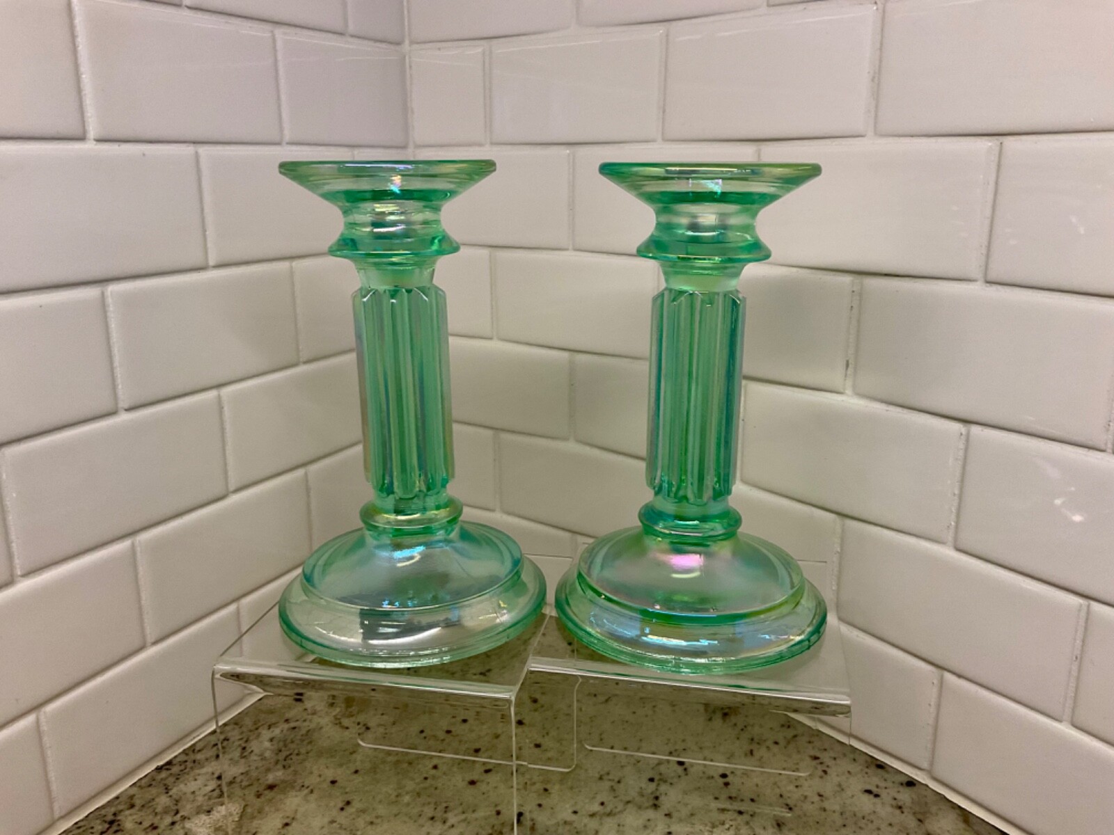 FENTON Green Iridized Column 6 Inch Candlestick Holders Vintage