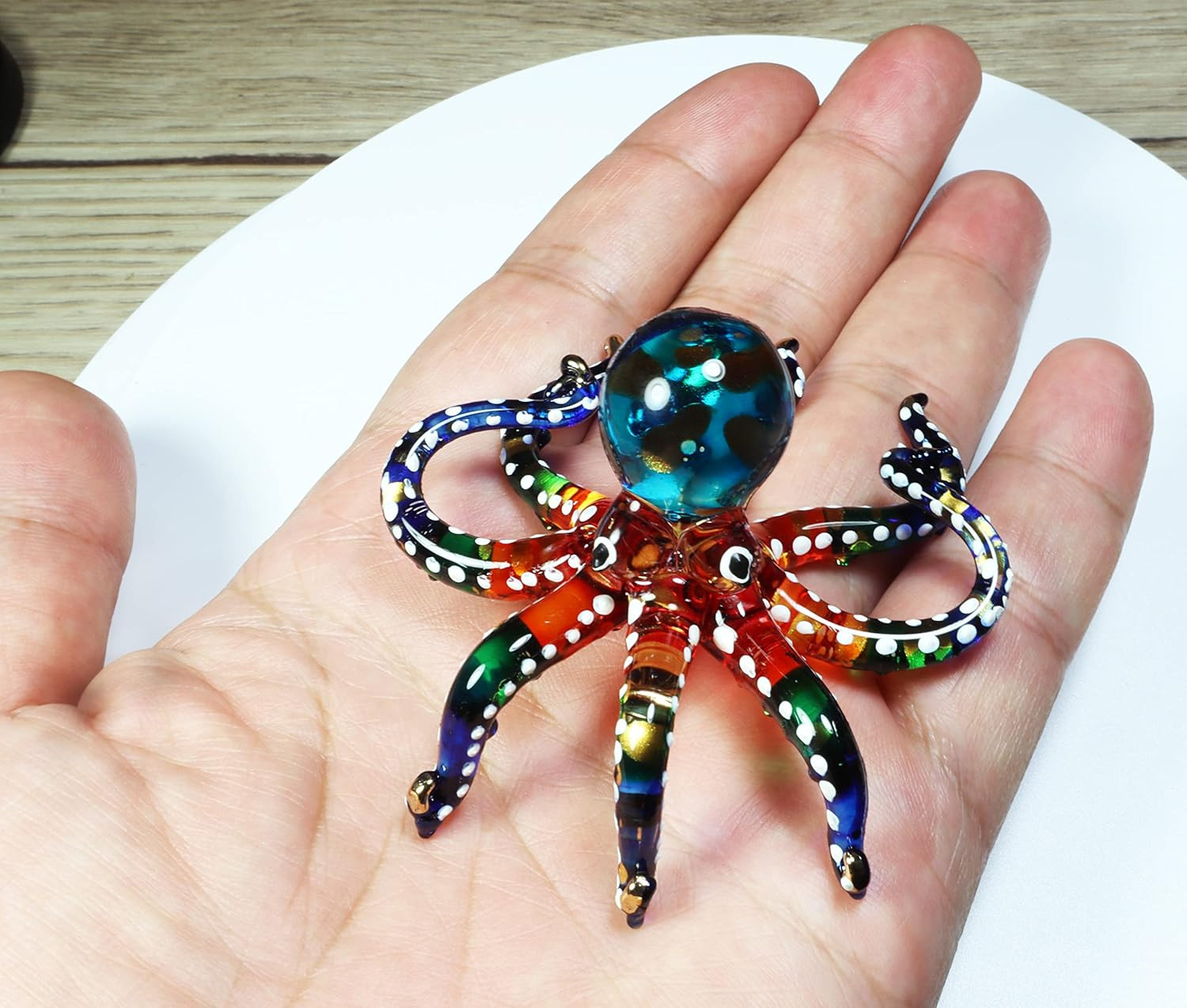 3″ White Dot Multicolor Octopus Artistic Blown Glass Figurine Premium Hand-Blown