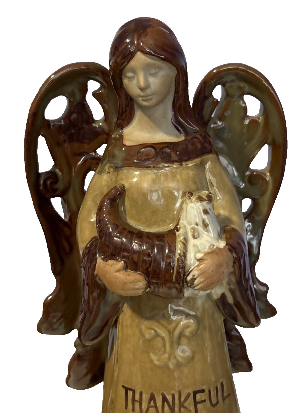 Glazed Art Pottery Angel Pierced Wing Figurine 15.75” Thanks Message Earth Tones