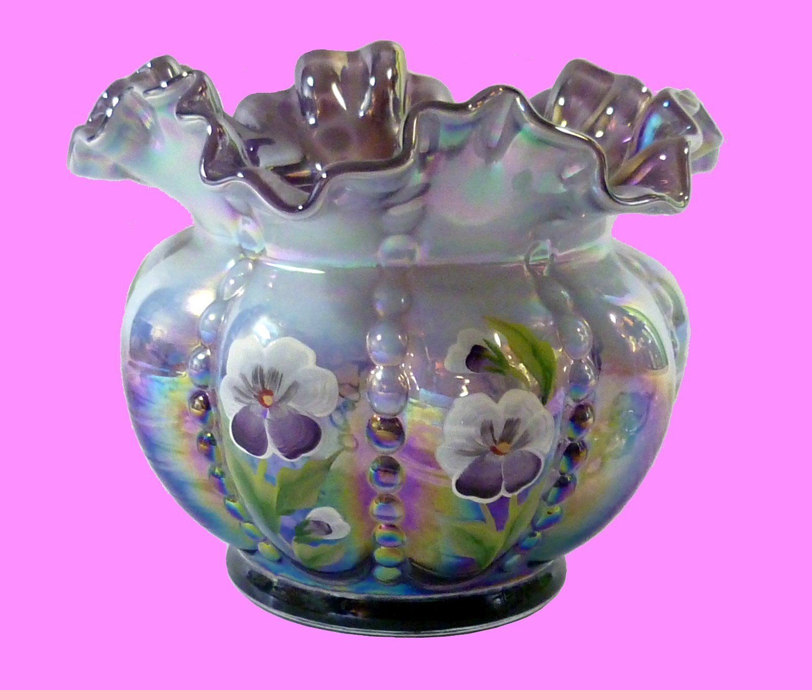 HOME DECOR – FENTON ART IRIDESCENT BEADED AMETHYST CARNIVAL VASE – SIGNED