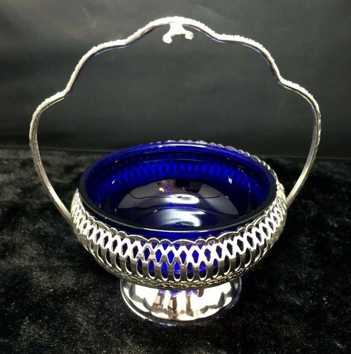 Reticulated Silver Basket Cobalt Blue Glass Liner Sugar Condiment Server