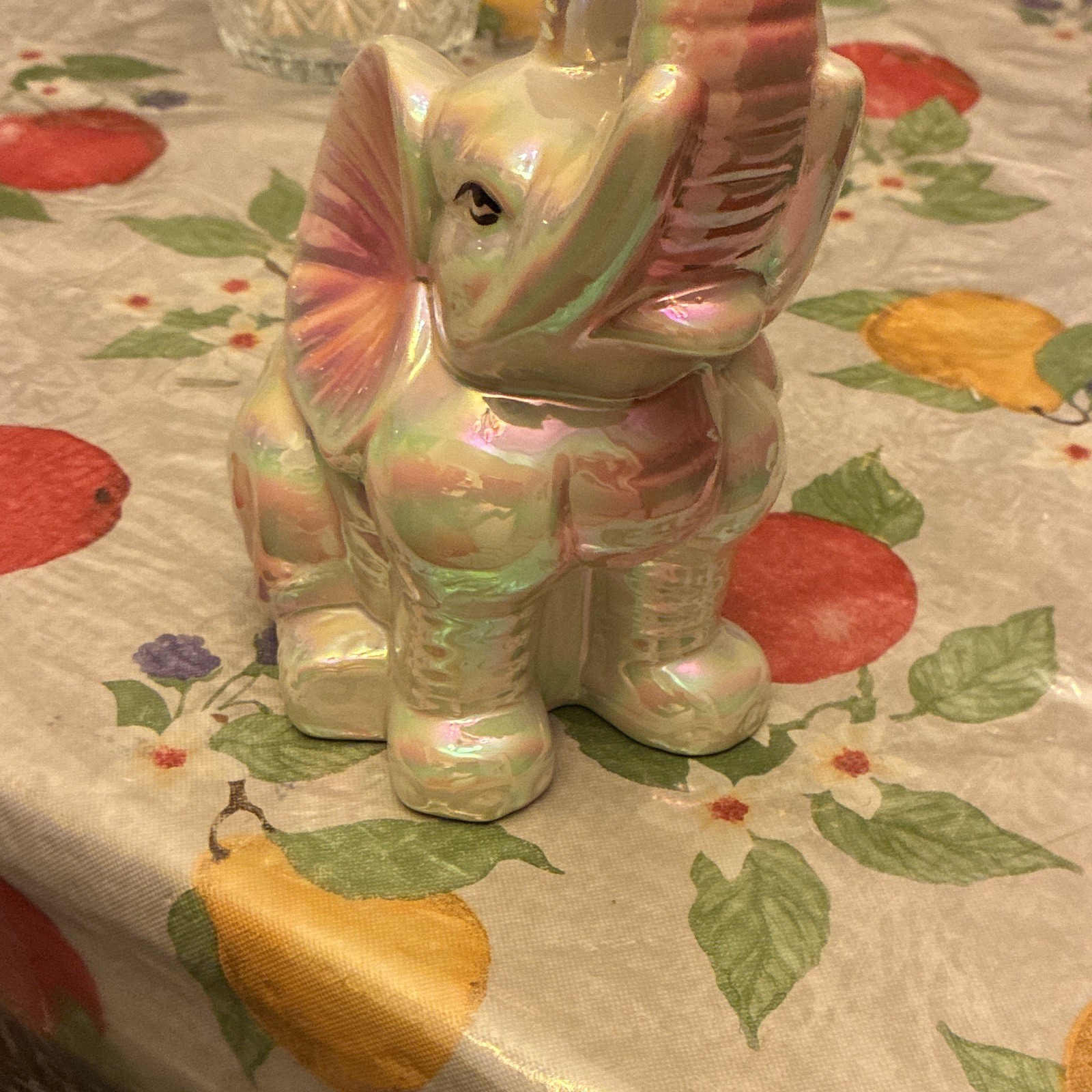 Iridescent Glossy Ceramic Elephant Figurine, White Pink Green