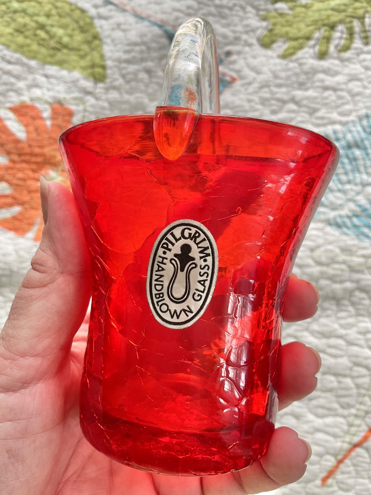 Set of 2 Vintage Pilgrim Hand Blown Glass Baskets, Crackled Glass, Orange Red,5″
