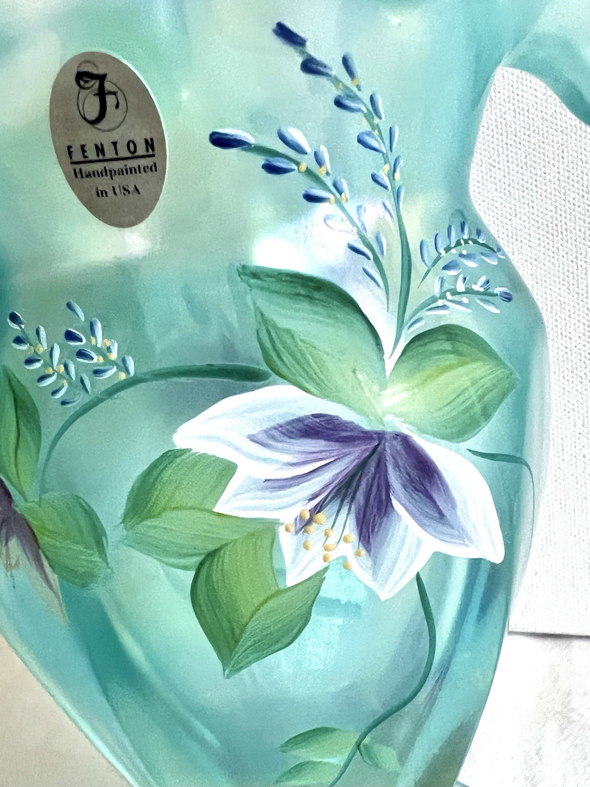 HTF Fenton 11″ Handpainted Aquamarine Stretch Glass Hexagon Basket – T. Neader