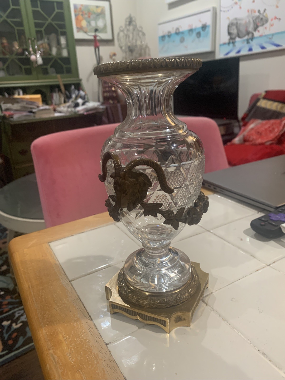 Crystal Vase With Brass Ram (from Europe)