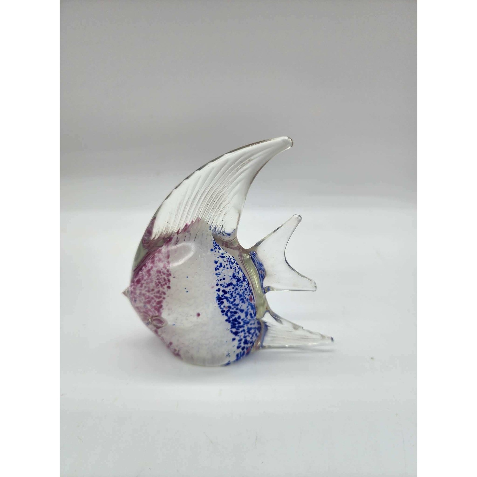 Art Glass Angelfish Figurine Purple Blue Spatter Hand Blown Glass Fish 5 inch