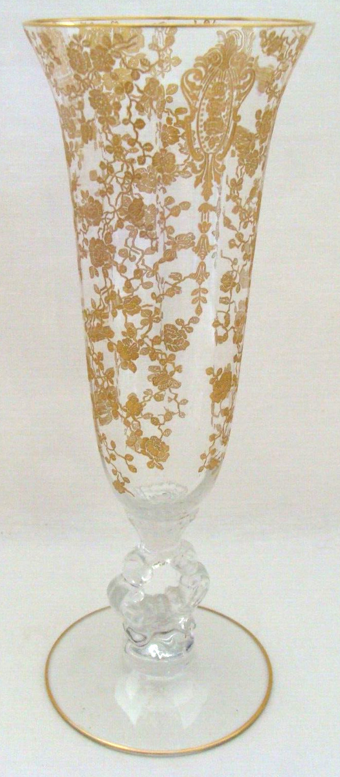Cambridge Rose Point Or Tuscan Rose Etched Gold Encrusted 10 Inch Vase