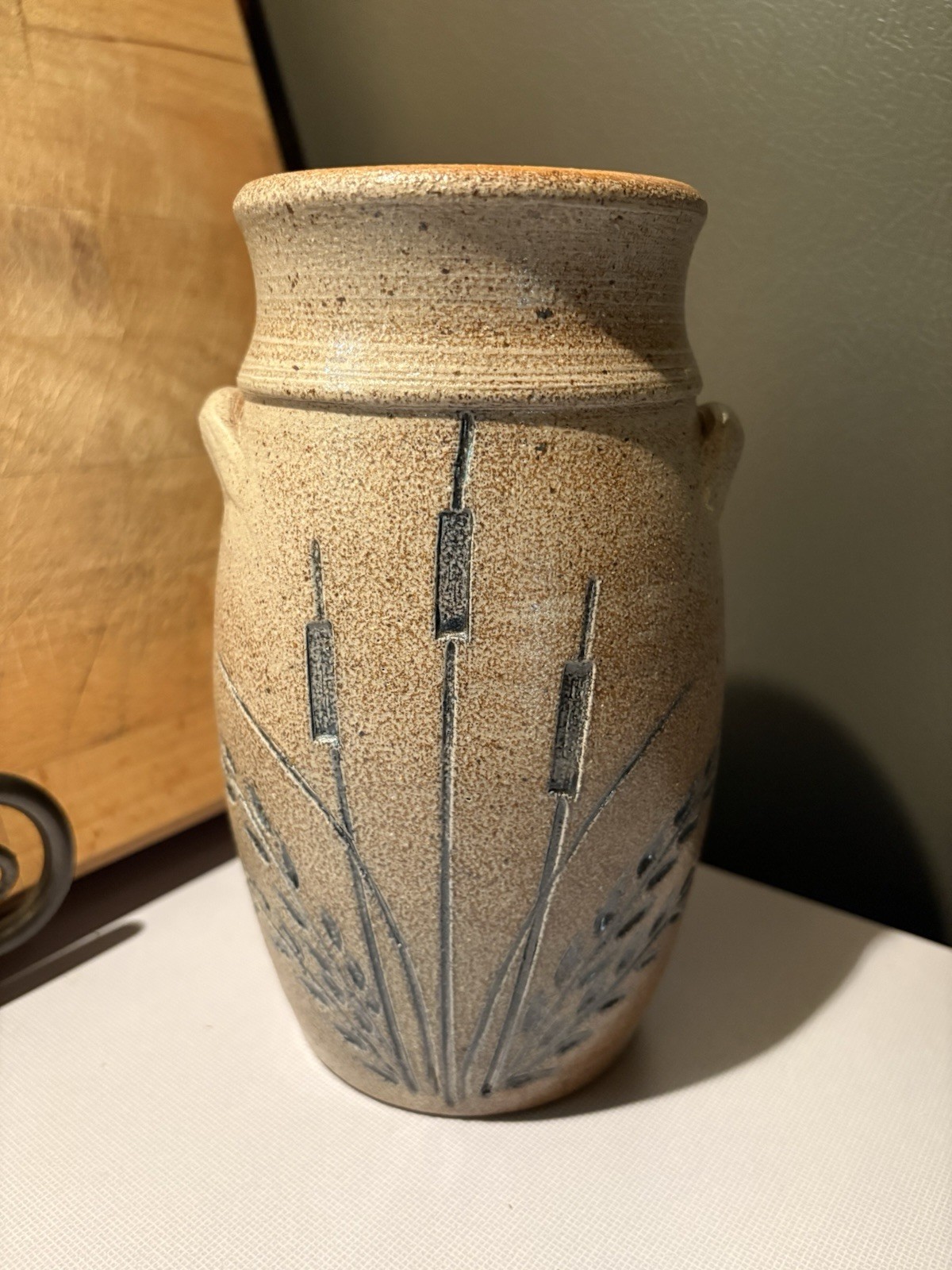 Vintage Keaton Pottery Salt Glazed Vase Crock Cattails Signed Utensils 1988