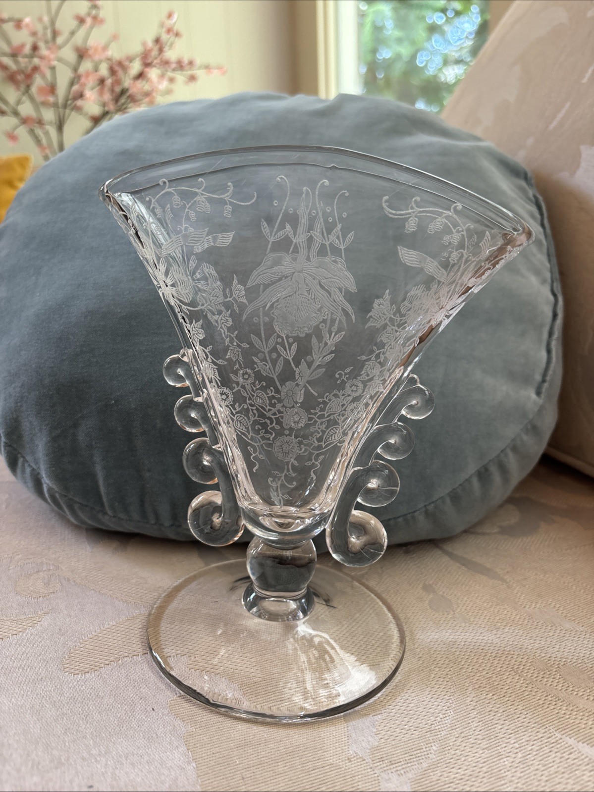 Vintage Heisey Fan Vase Orchid Etched Pattern Waverly Fan Clear Glass 7″ tall