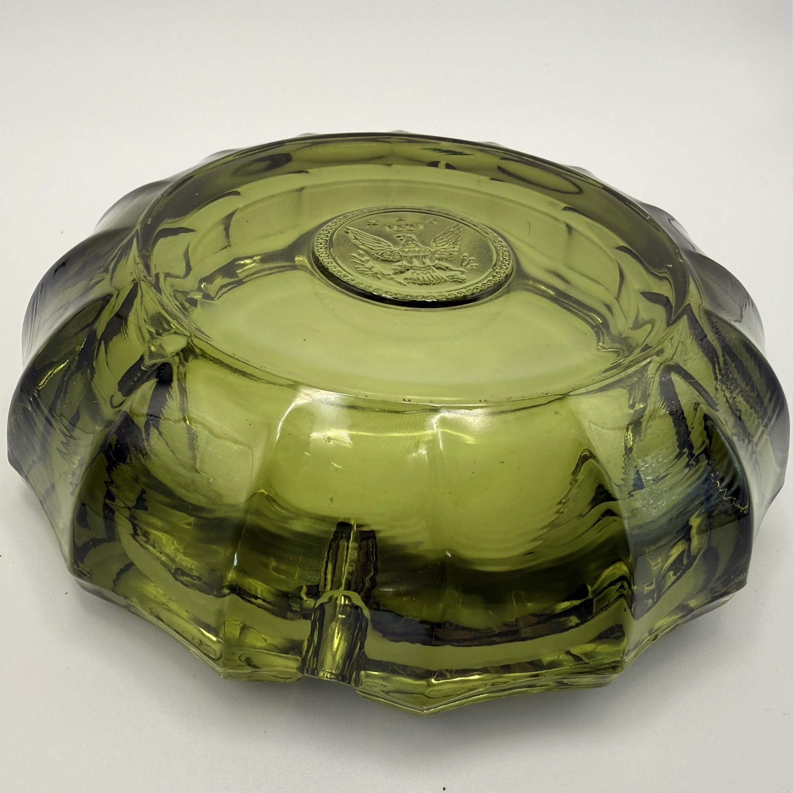 Vintage Fostoria Ashtray Olive Green Glass 1887 Eagle US Presidential Seal