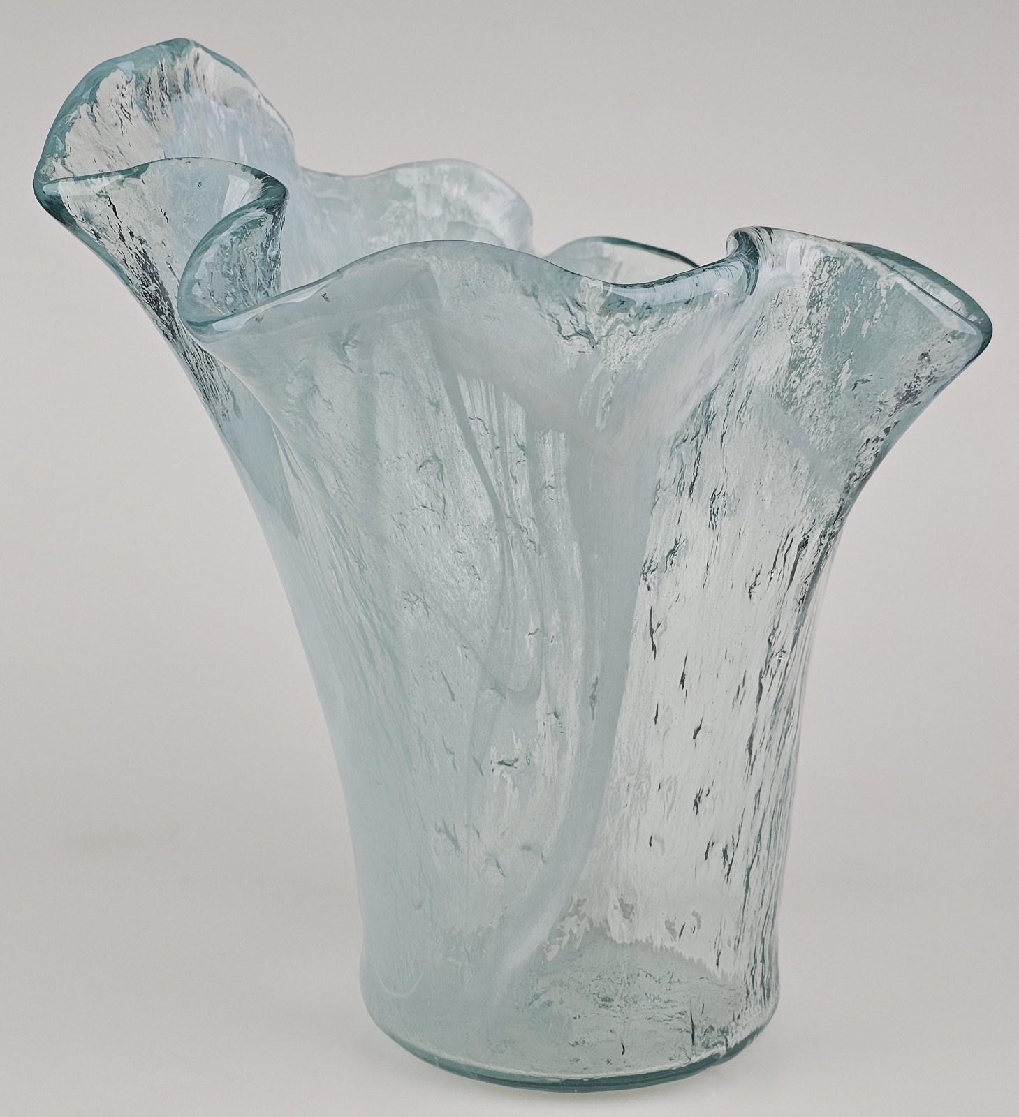 Murero Glass Aqua & White Large Handkerchief Vase or Luxury Trash Bin Italy 11″