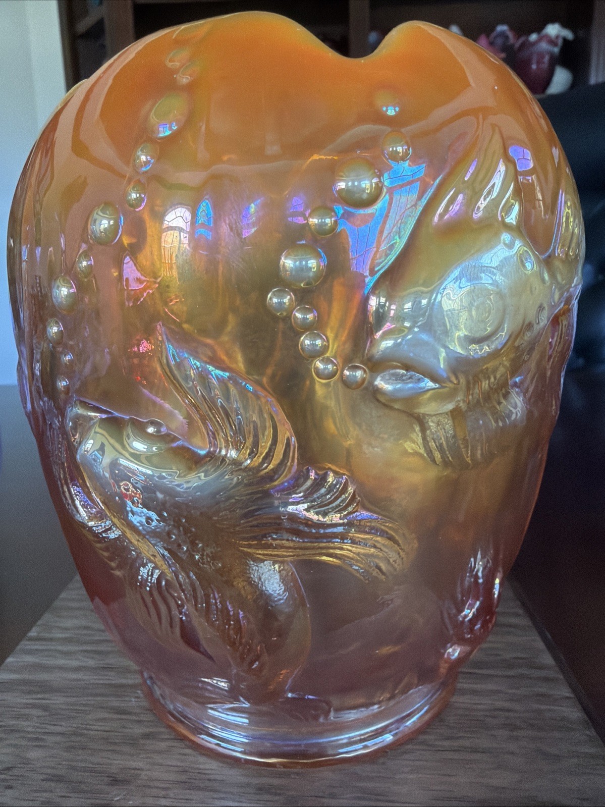 Gorgeous Fenton Iridescent Peach Opal Carnival Atlantis Koi Fish Vase Signed VTG