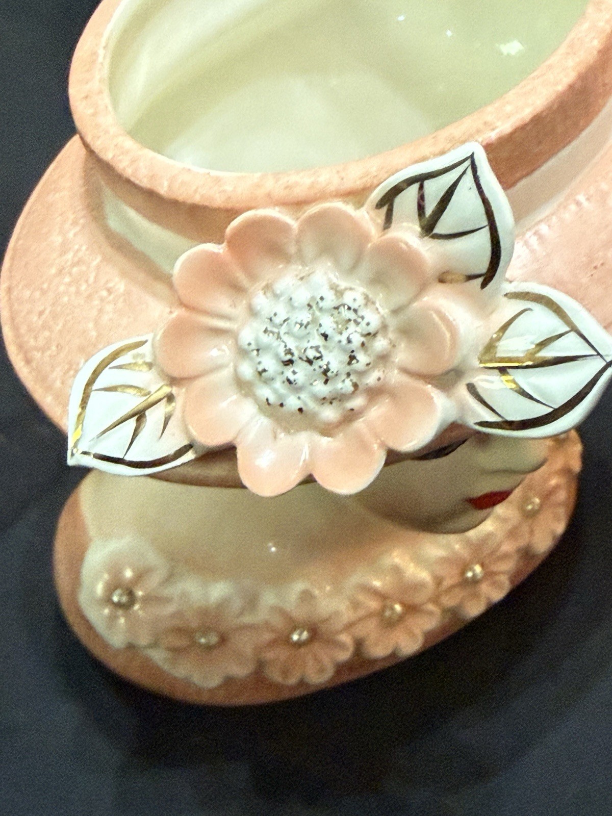 RUBENS # 499 BLOND LADY head vase FOIL RUBENS LABEL FLORAL HAT & DRESS 6 INCH