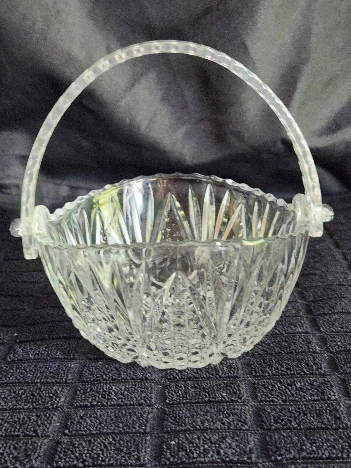 Vintage Glass Basket with Plastic Handle • Pressed Glass Diamond Pattern 5¼”×4½”