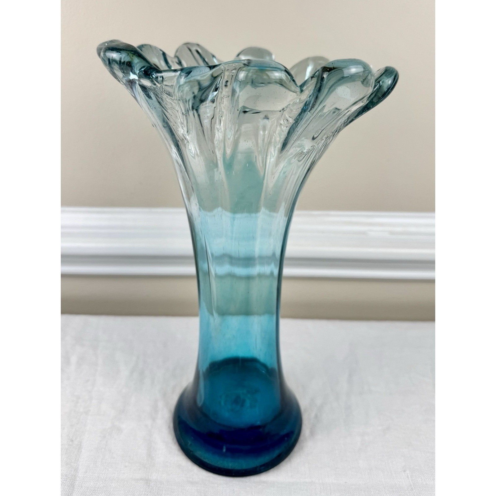 Vintage Blue MCM Hand Blown Art Glass Swung Vase Ruffled Scalloped Rim 12″