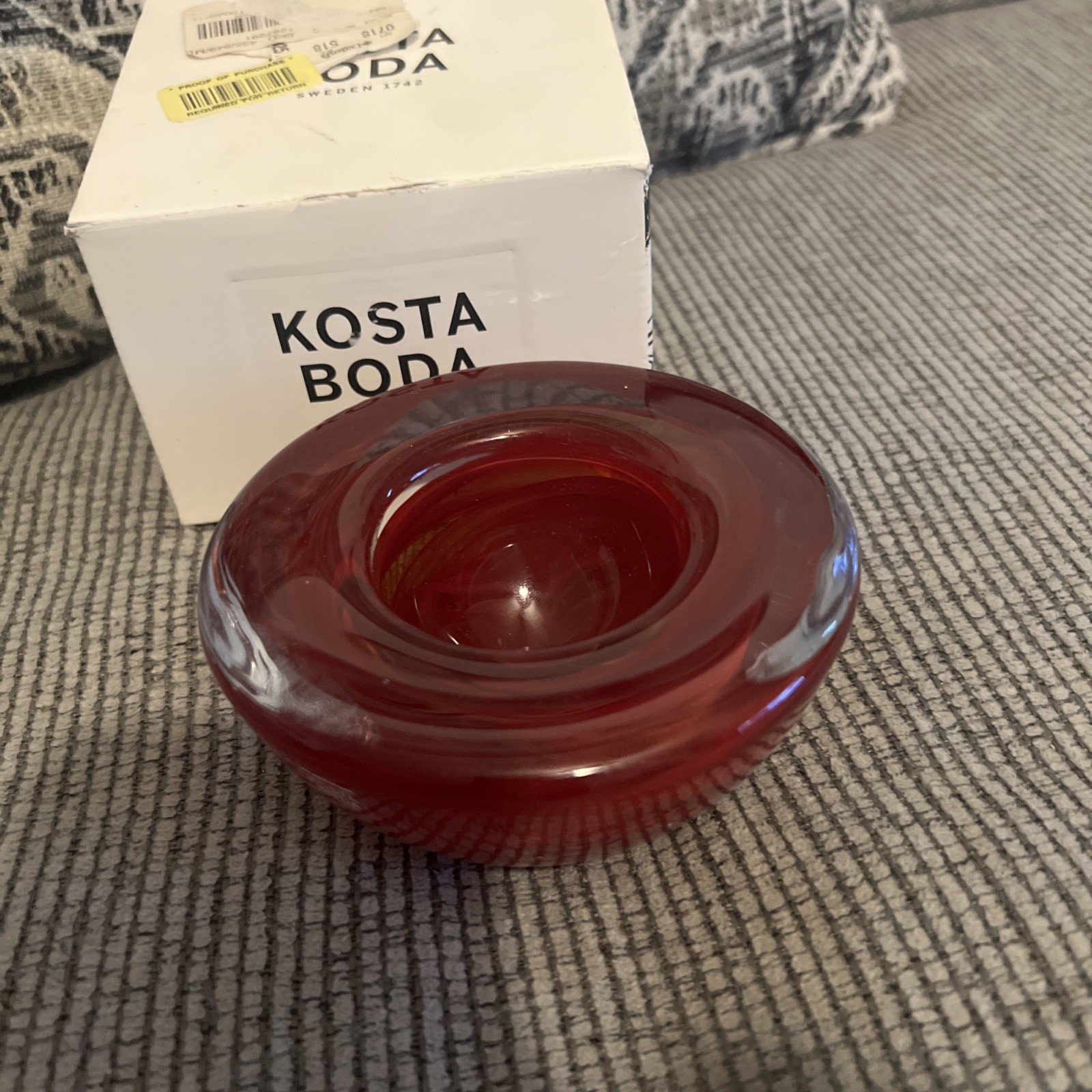Kosta Boda Red Swirl Art Glass Votive Candle Holder With Box