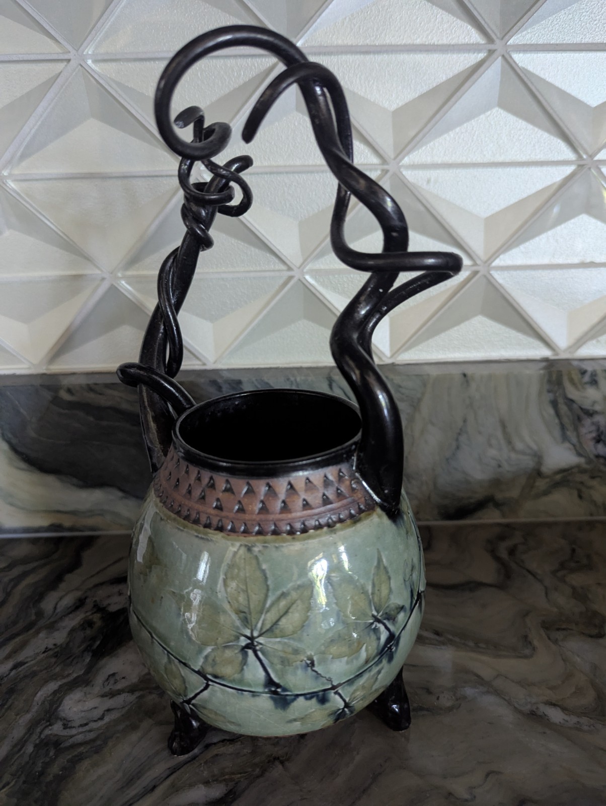 Suzanne Crane Studio Pottery Sculptural Vessel Celadon Leaf Ceramic Basket 10″