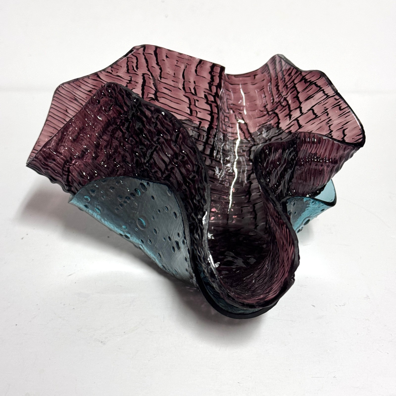 Purple Blue Fused Handmade Art Glass Woven Handkerchief Ruffle Vase Candleholder