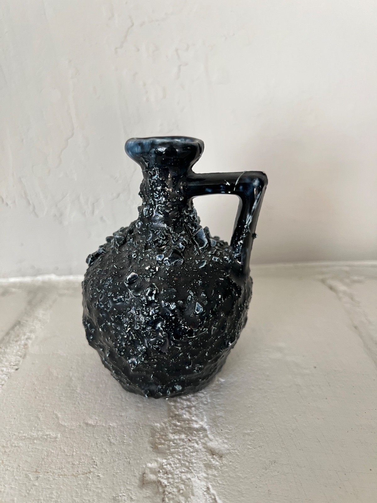 Black Fat Lava Glazed Handled Jug Vase West German Style c1960s-70s Small