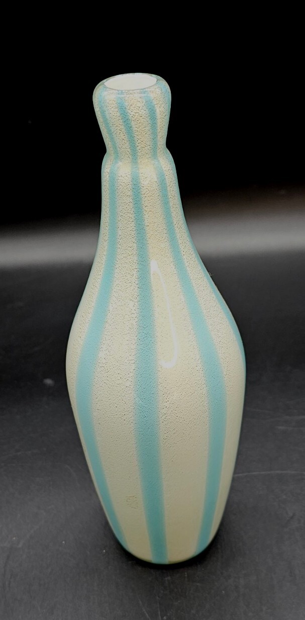 1960s Murano Alfredo Barbini Hand Blown Glass Blue White Circus Tent Bottle