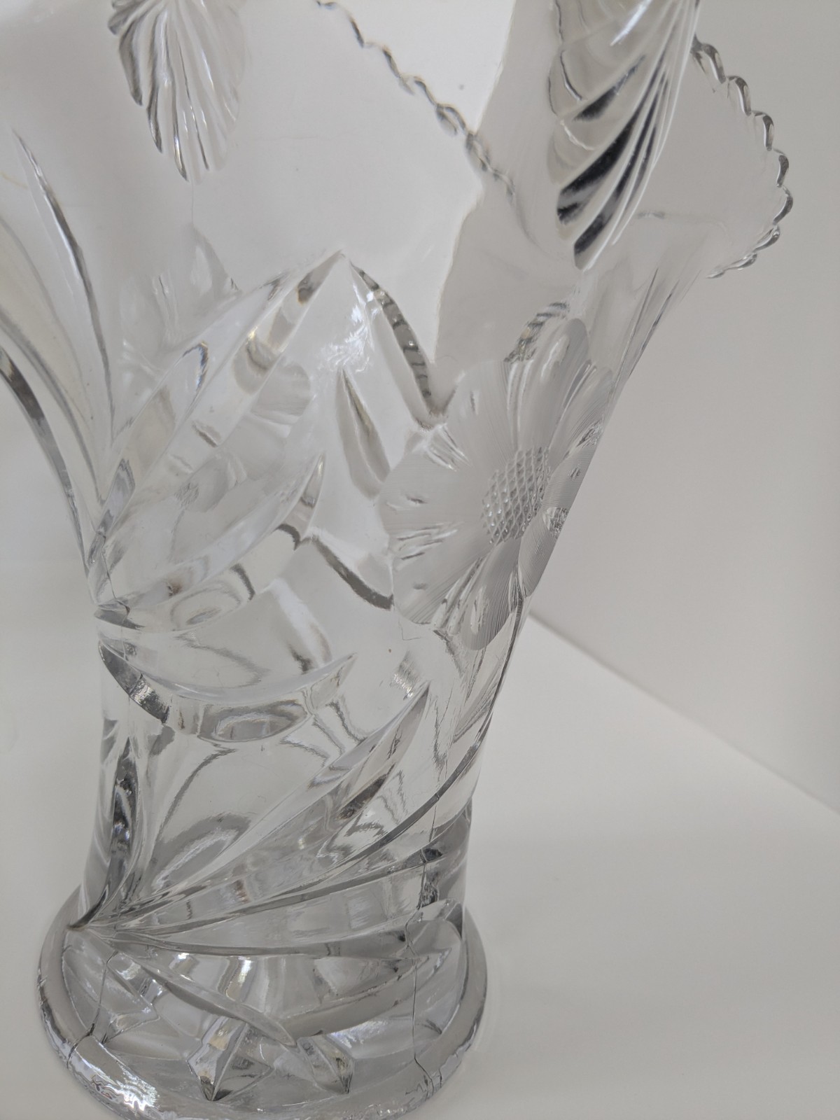 Cut Glass Large 16″ Flower Bouquet Clear Basket Vase Floral Etched Pattern