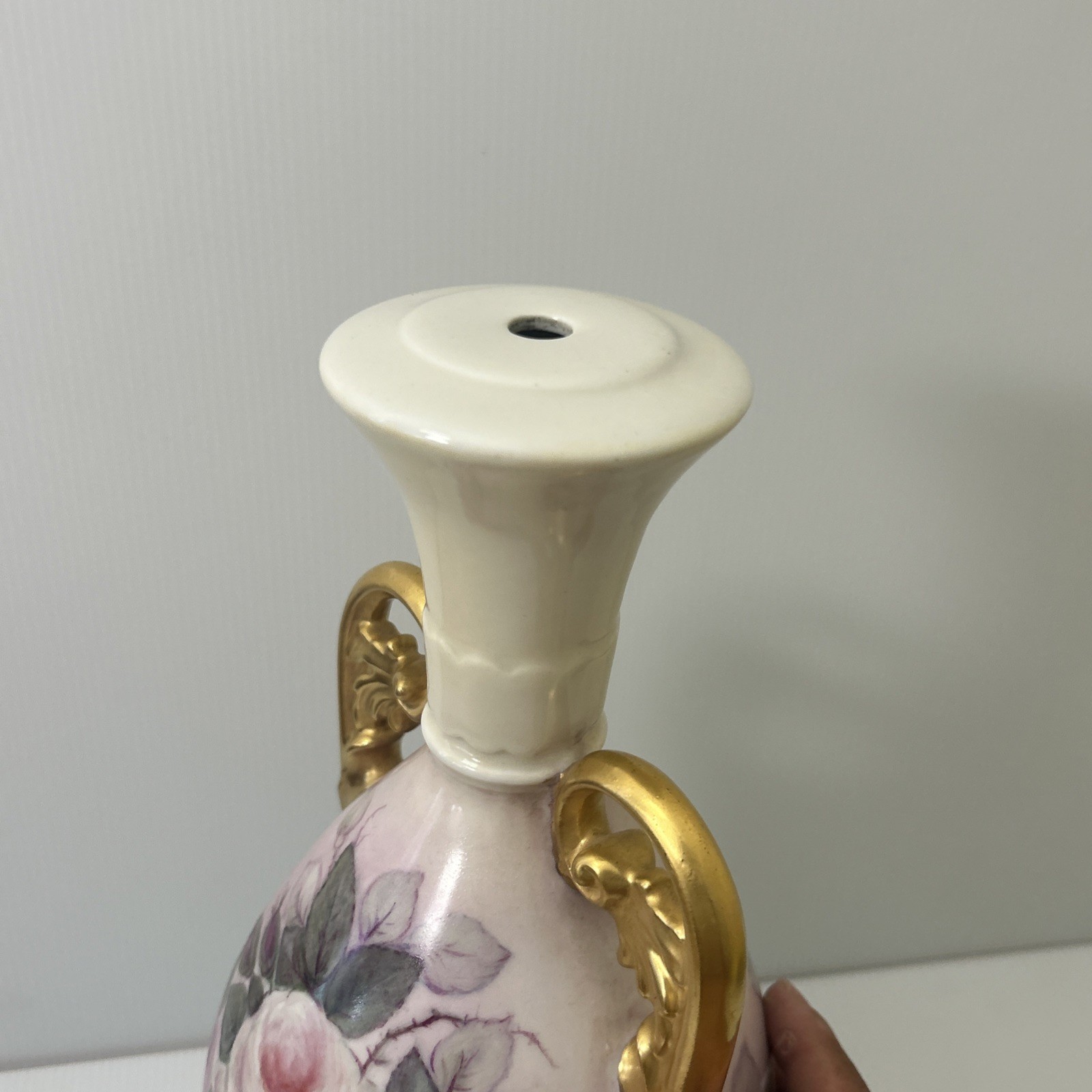 Vintage Nippon Hand Painted Porcelain Vase Gilded Gold Double Handles Pink Roses