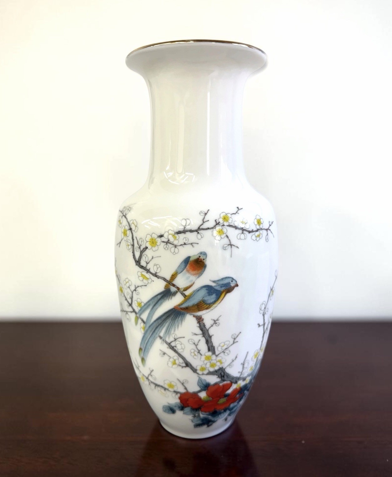 Vintage JAY White Porcelain Vase Fine China Handpainted Birds Gold Trim Japan