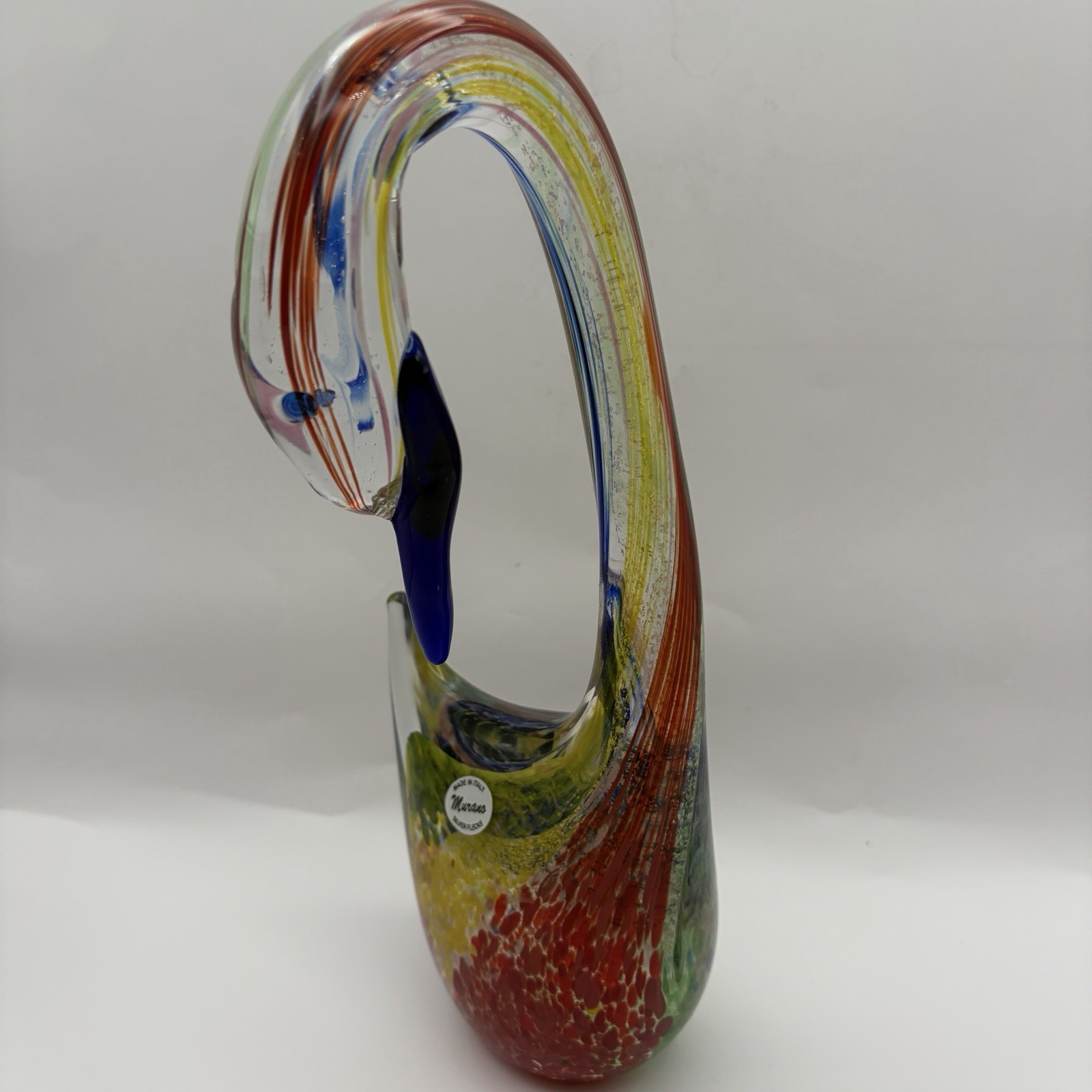Two Murano Swans Standing At 14” Stunning Blue Green Red Pink And Gold Colors