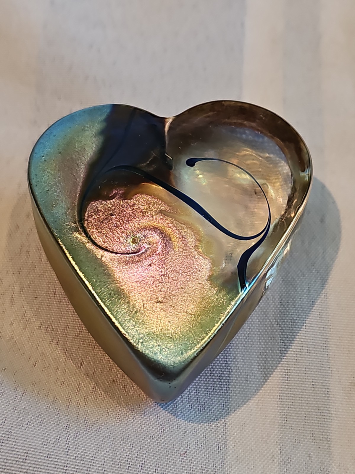 TEAL BLUE Swirl Design Heart Robert Held, Iridescent Heart Shaped Signed F/ship
