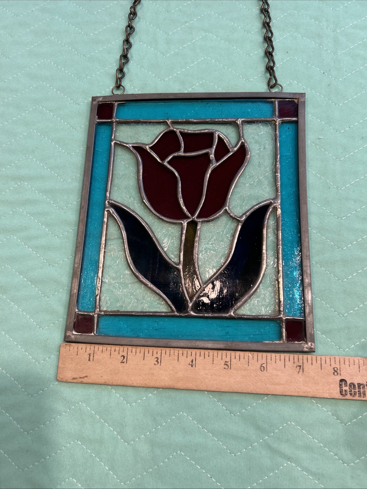Vintage Red Rose w/ Blue & Textured Clear Stained Glass Window Hanging Chains