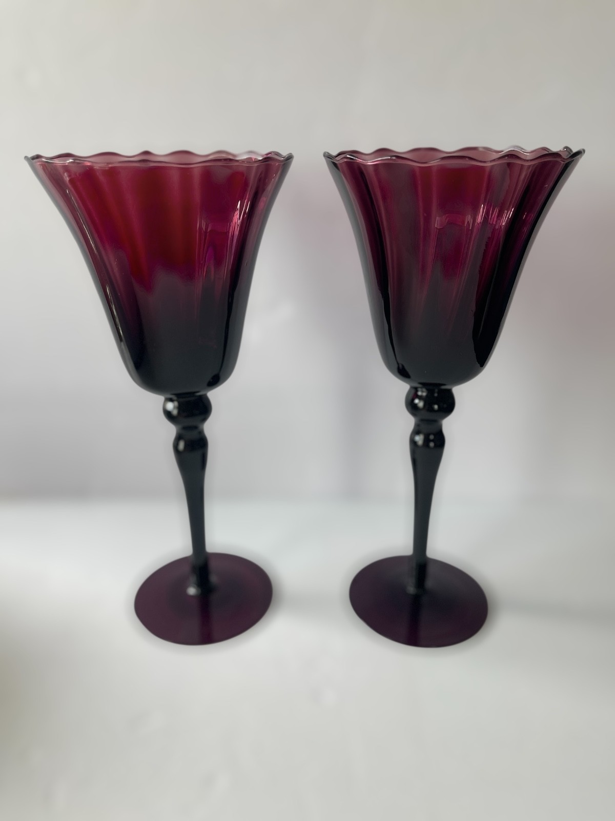 Dark Purple Art Glass 11” Candle Holders by Circleware Set of 2 New in Box VTG