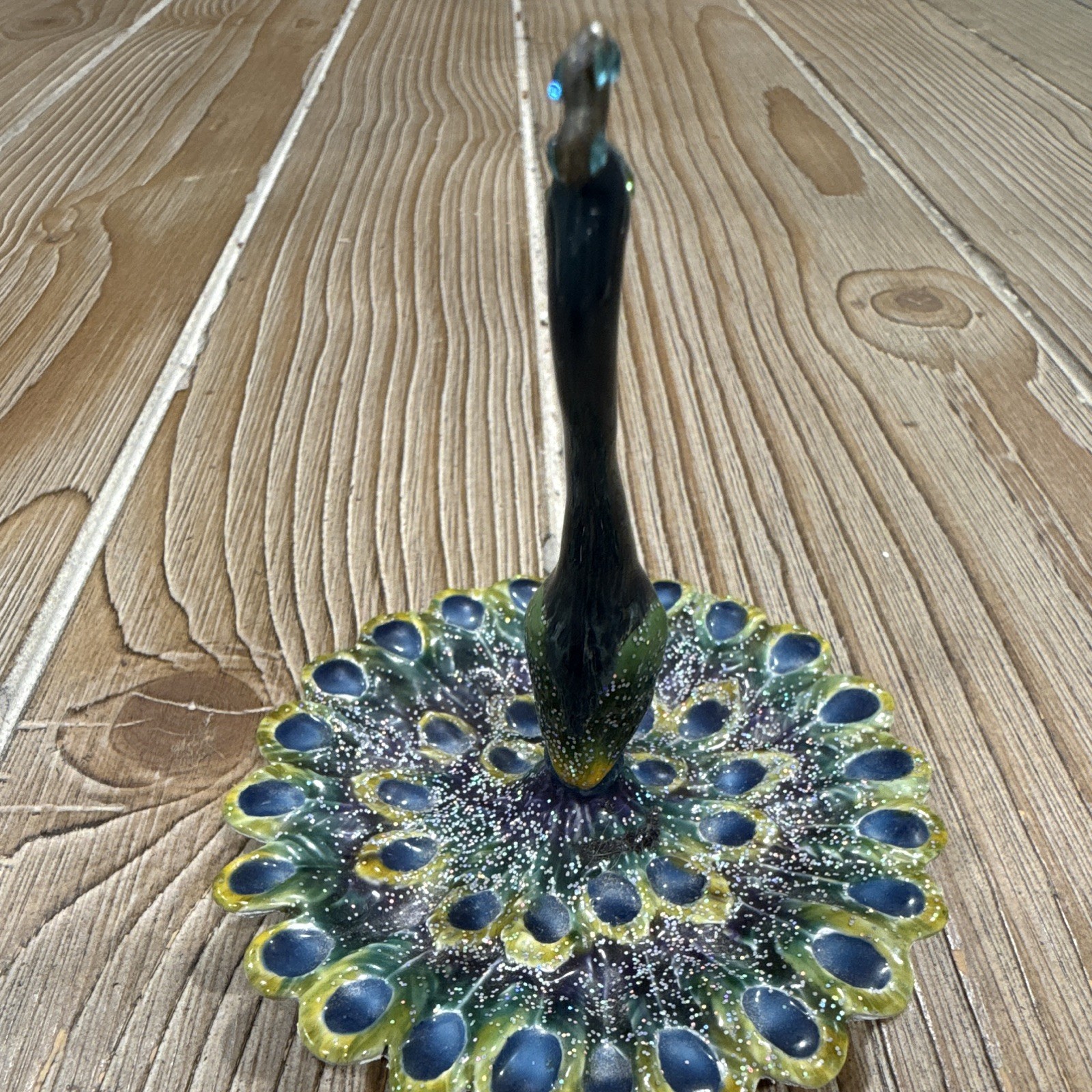 Vtg Enameled Pewter Peacock Ring Holder Jewelry Trinket Dish Tray