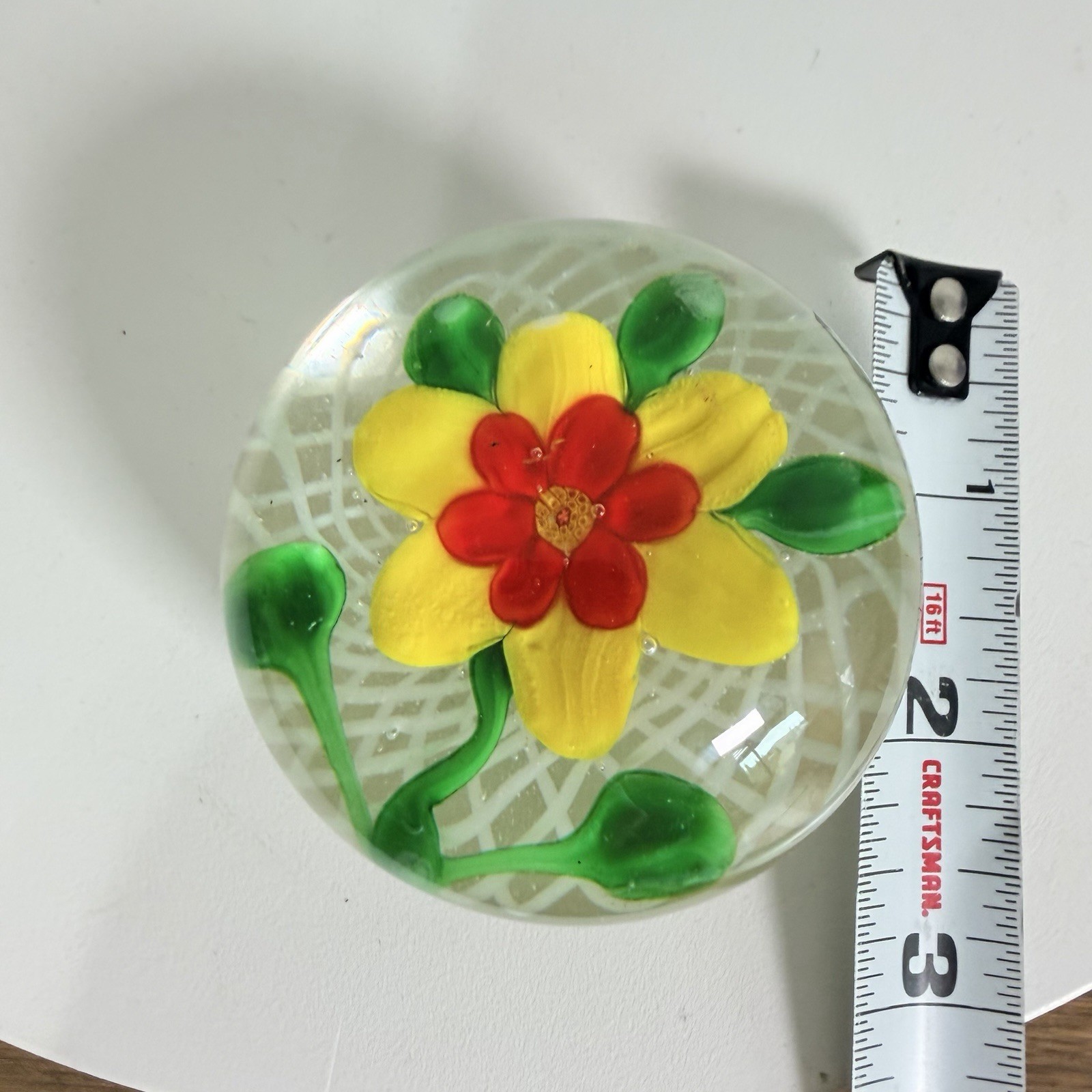 Vintage Glass Paperweight Yellow Lampwork Flower Latticino Base