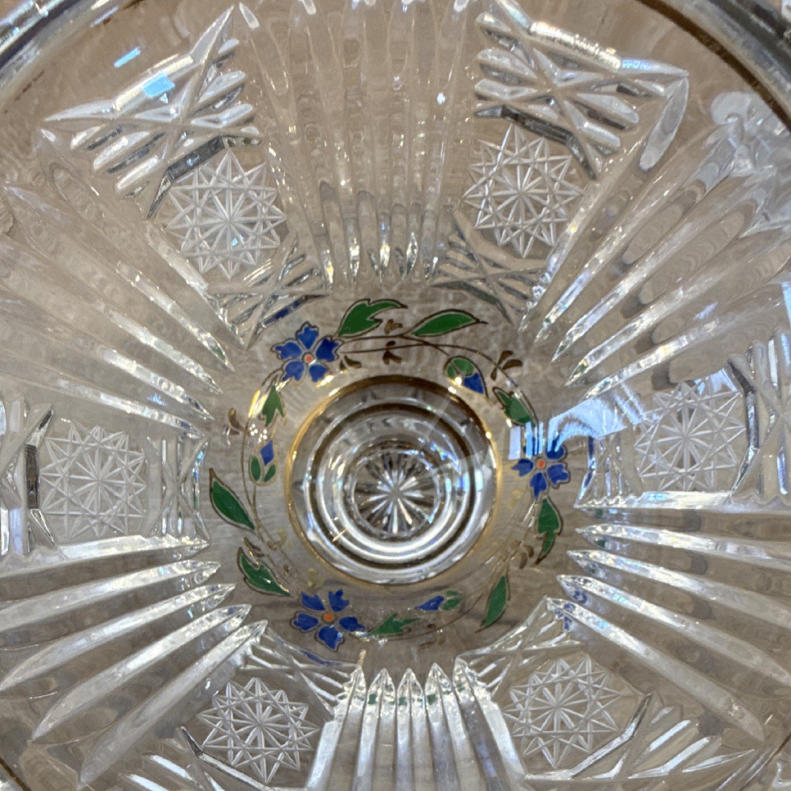 Czech Bohemia Hand Cut Crystal Vase & Bowl Set Floral Gold Blue Green Red Etched