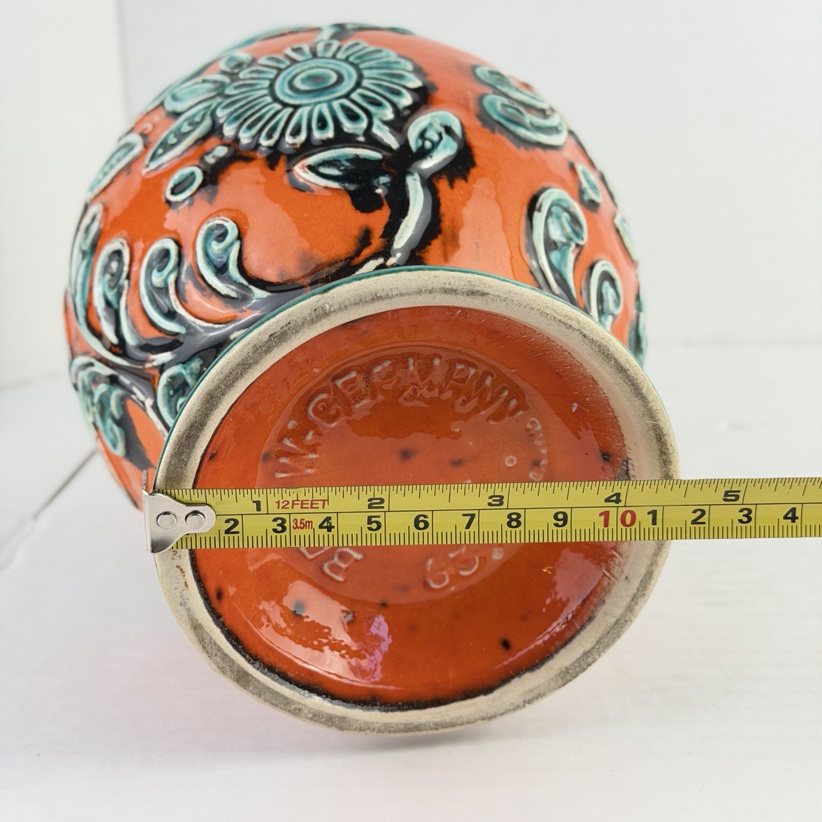 VTG Bay Keramik West German Handled Vase Art Pottery Orange Turquoise 10” 63 25