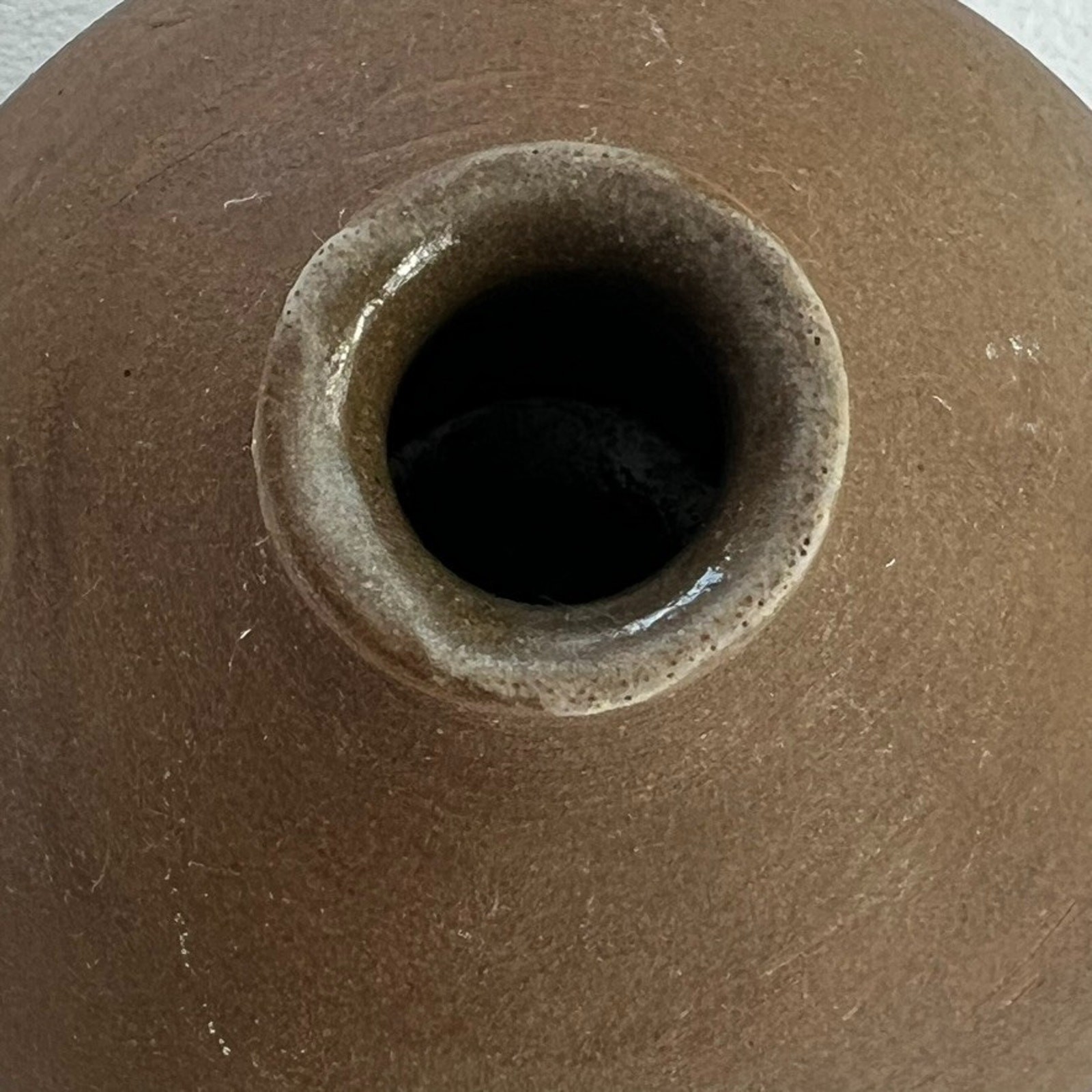 Handmade Vase Clay Brown Round Flat 1989 Signed MKS Vintage