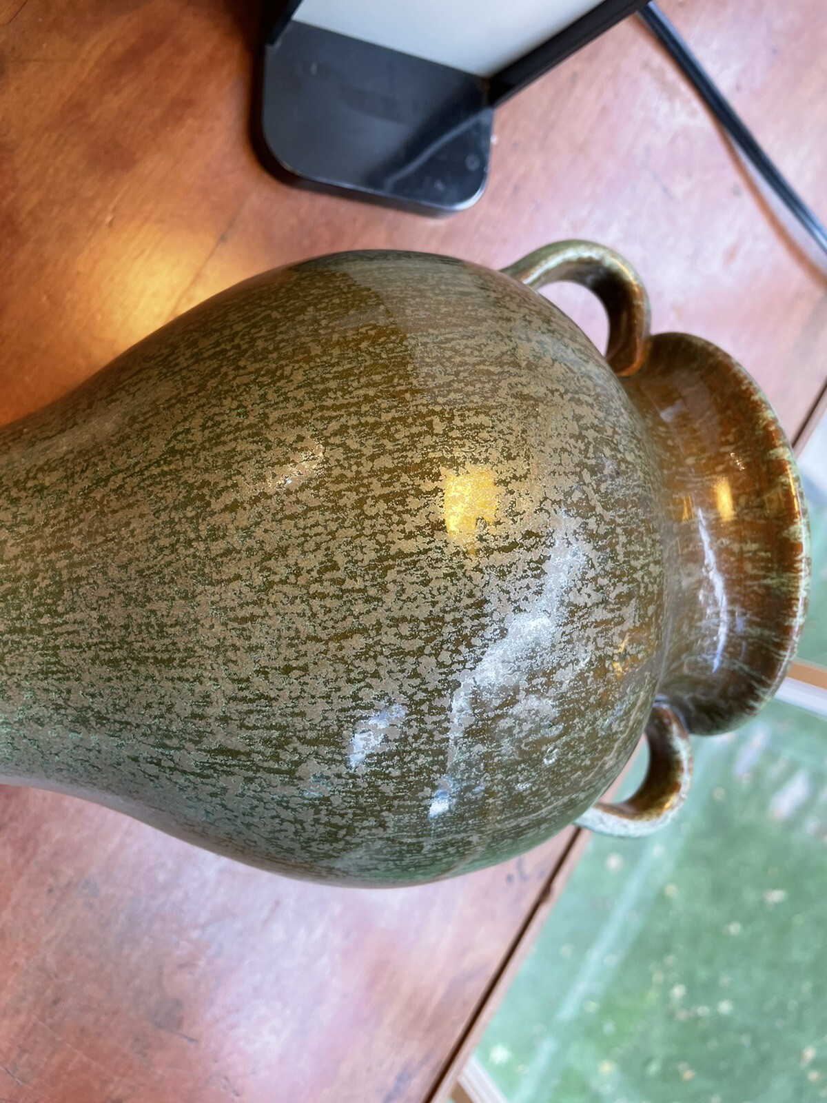 Vintage N. Carolina Pottery A. R. Cole Green Rutile Glaze Vase Handles 10 1/4 “