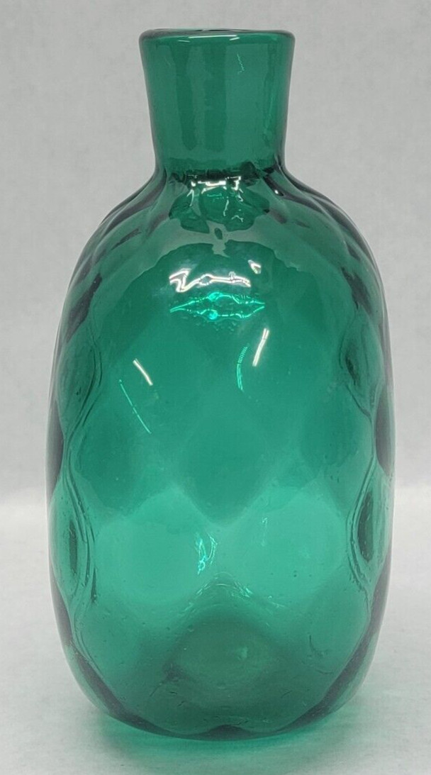 Green Hand Blown Glass Vase Bottle Flask w/ Pontil Mark – Art Glass – 3.75×2.5×5