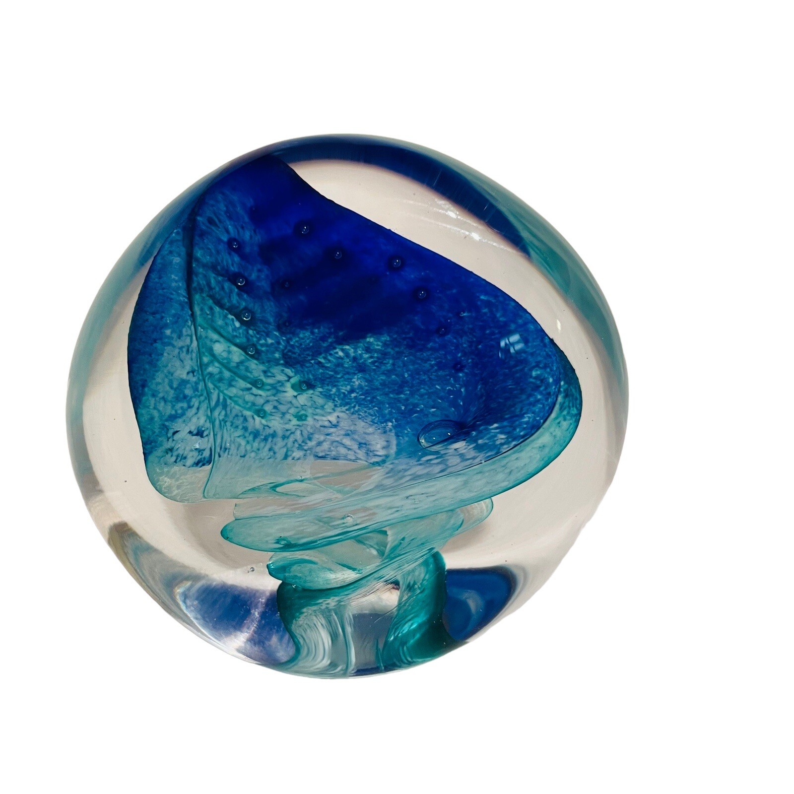 Art Glass Paperweight Signed Clear Blue Green Whale 9oz 2.25 x 2.75 In