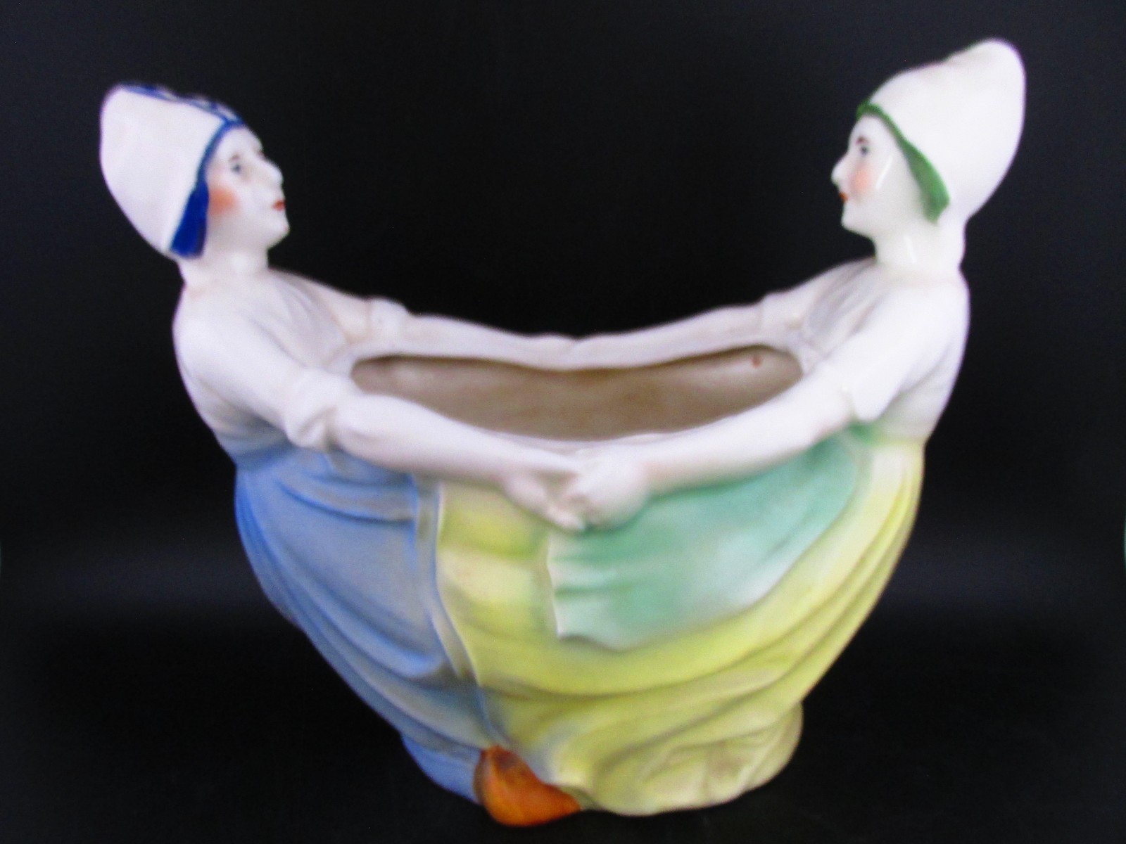 Czech Planter Dutch Dancing Girls Figurine Royal Crown Vintage Pottery MCM