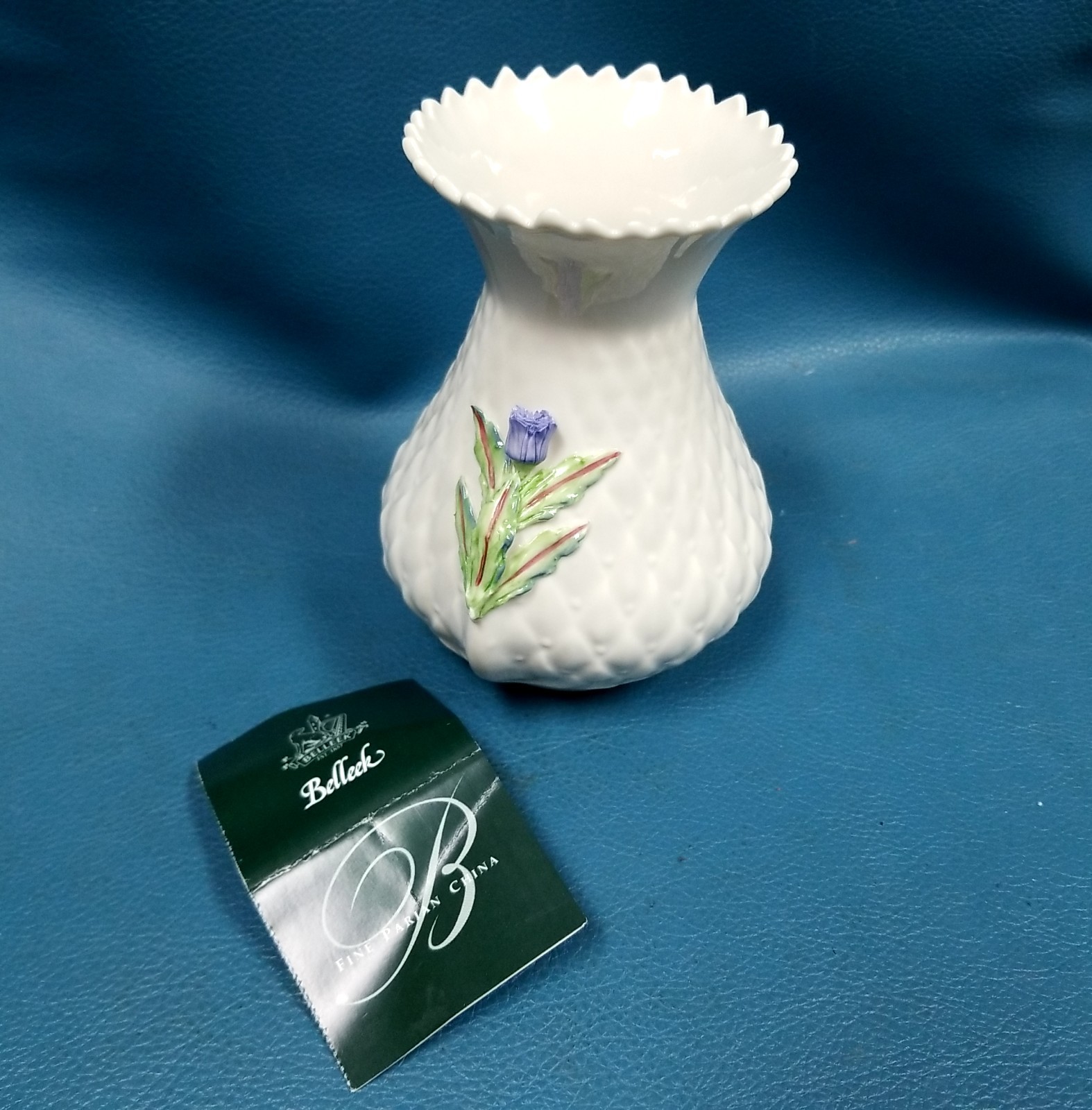 VTG 5.5″ Belleek Ireland Handmade Parian China Pineapple Vase Purple Thistle