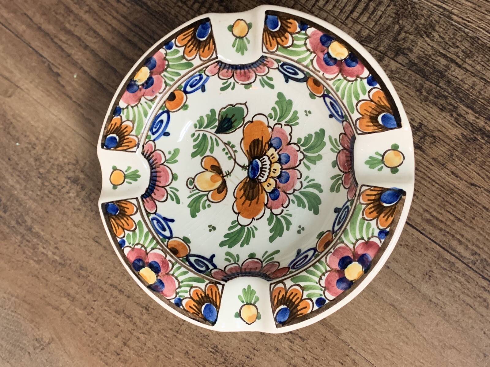 Vintage DP DELFT Art Pottery Floral Ash Tray Trinket Tray Signed