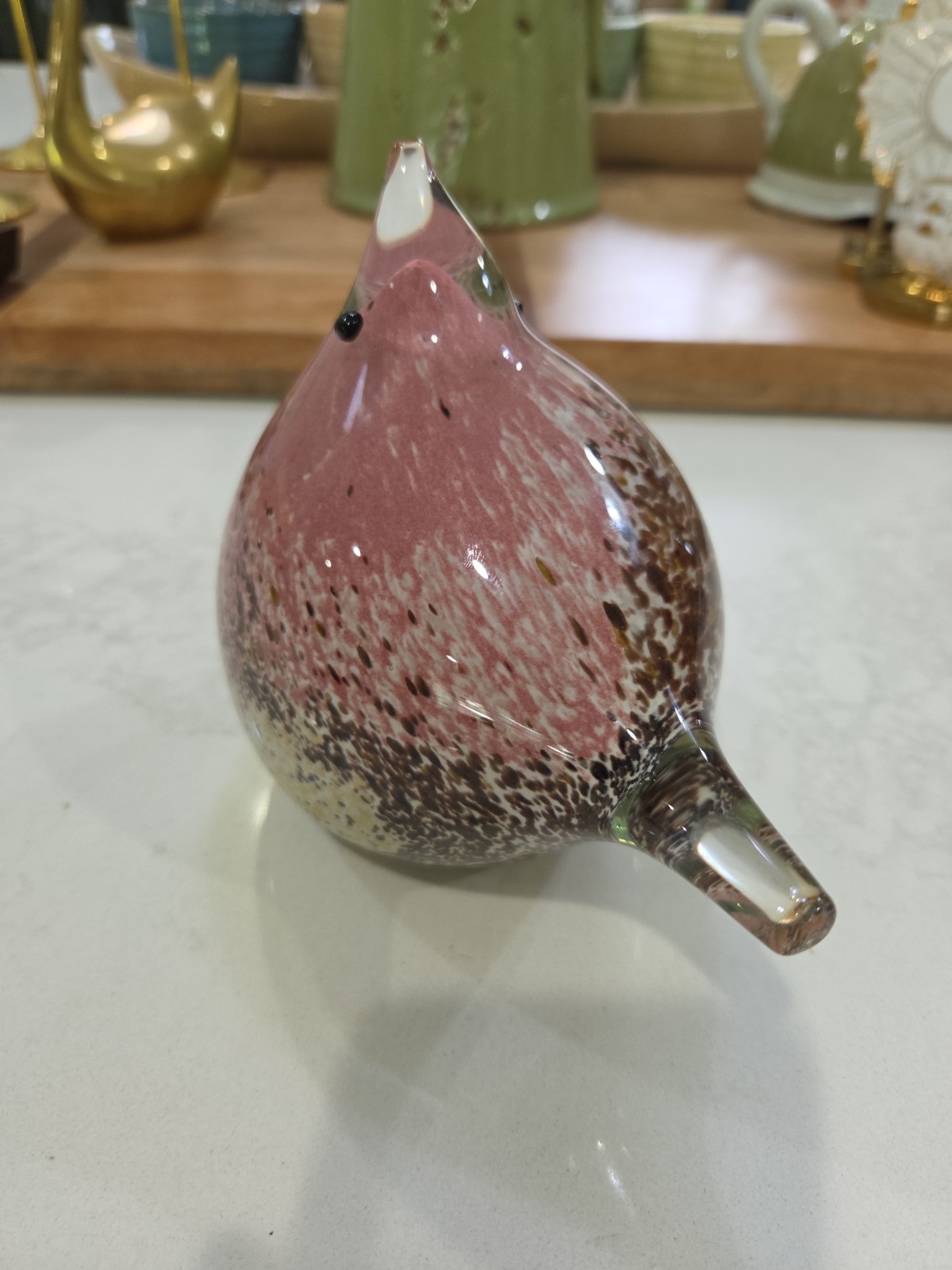 Pink And Brown Speckled Glass Hand Blown Bird Paperweight Glass Art Figurine